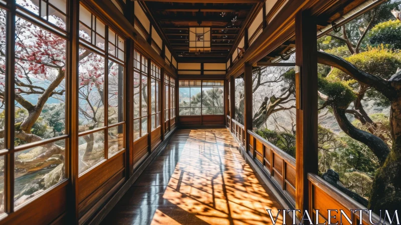 Serene Traditional Japanese House Hallway with Sunlight AI Image