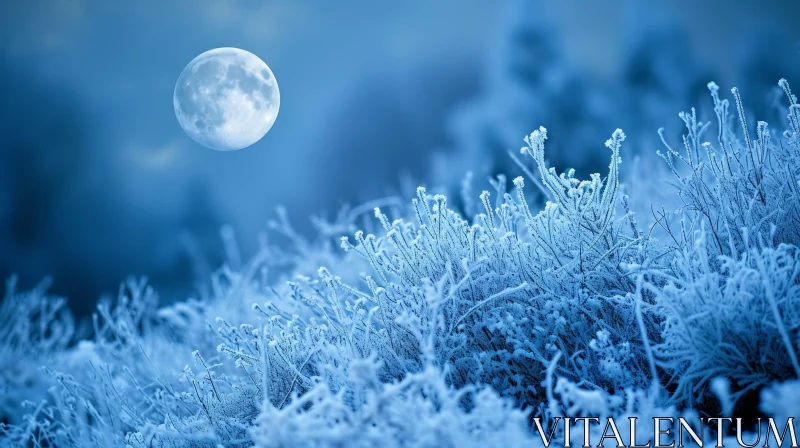 Serene Winter Landscape with Snow-Covered Trees and Full Moon AI Image