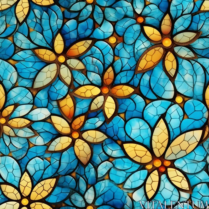 AI ART Stained Glass Flowers Pattern in Blue and Yellow