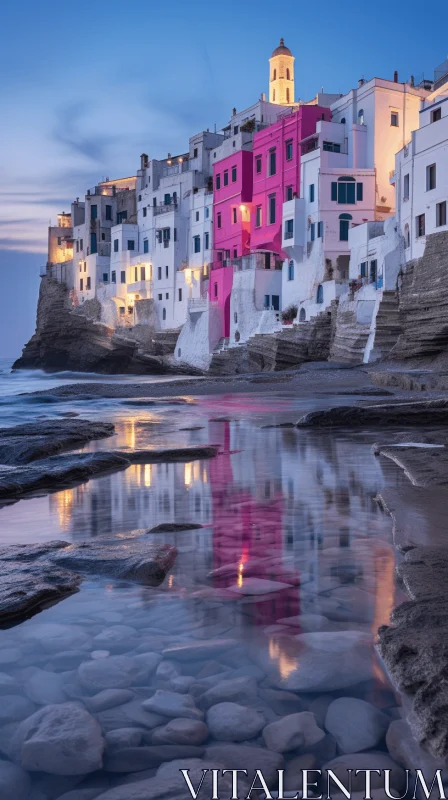 AI ART Surreal Italian Landscapes: Pink Aluminary Facades on the Beach