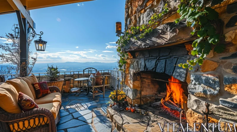 Tranquil Outdoor Seating Area with Mountain View and Fireplace AI Image