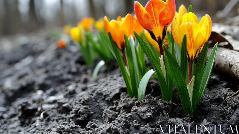 Close-up of Saffron Crocus Flowers in a Flower Bed AI Image
