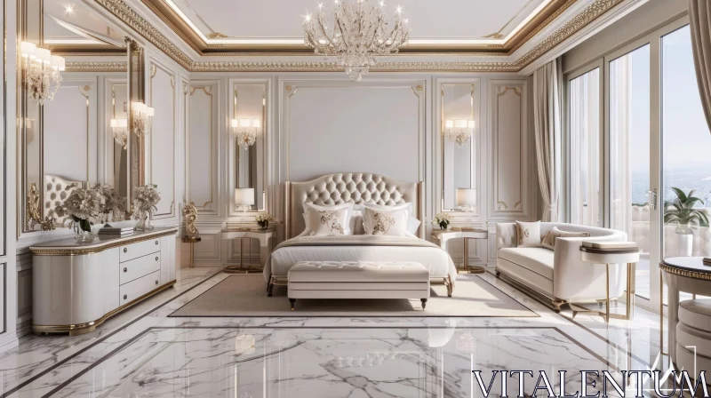 Elegantly Decorated Classic Style Bedroom with White and Gold Accents AI Image