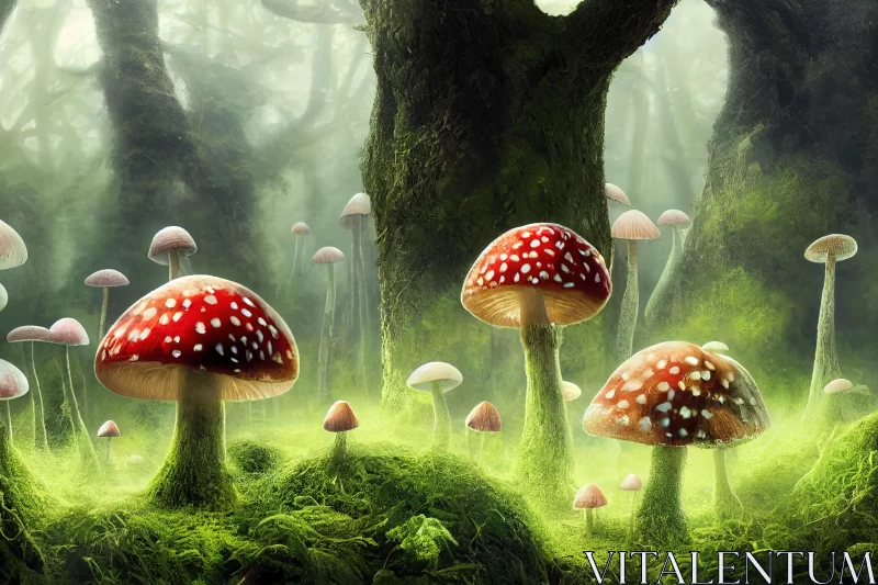 Enchanting Forest with Red and White Mushrooms - Fantasy Artwork AI Image