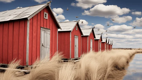 Captivating Red Beach Houses: Vintage Atmosphere and Photorealistic Wildlife Art