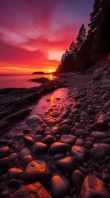 Captivating Rocks and Water Under a Vibrant Red Evening Sky