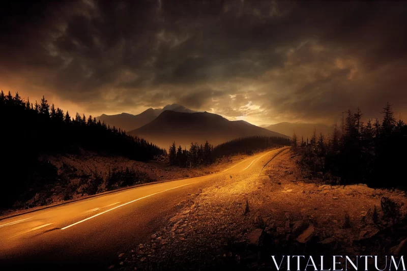 Enchanting Road Through Majestic Mountains at Sunset AI Image