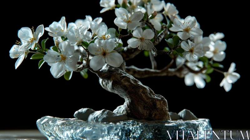 Mesmerizing 3D Bonsai Tree in Glass Container with Blooming Flowers AI Image