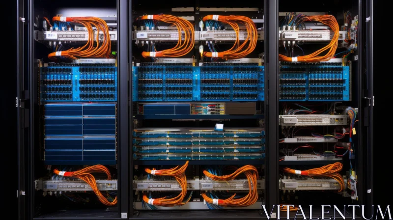 Telecommunications Server Cabinet with Orange and Blue Cables AI Image