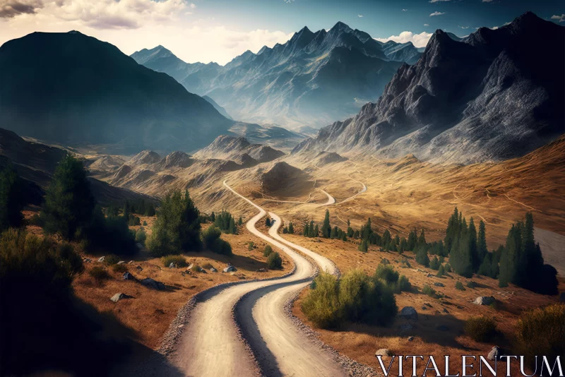 Winding Road Through Hills and Mountains - Photorealistic Fantasy AI Image