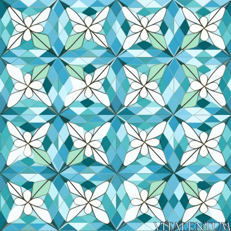Blue and Green Tile Pattern with Floral Designs AI Image