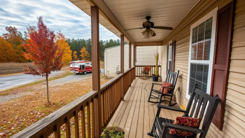 Captivating Front Porch Scene with Rocking Chairs and Autumn Landscape