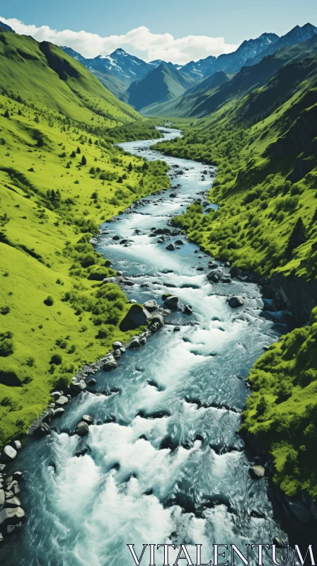 Captivating River Flowing Through Green Mountains - Nature's Tranquility AI Image