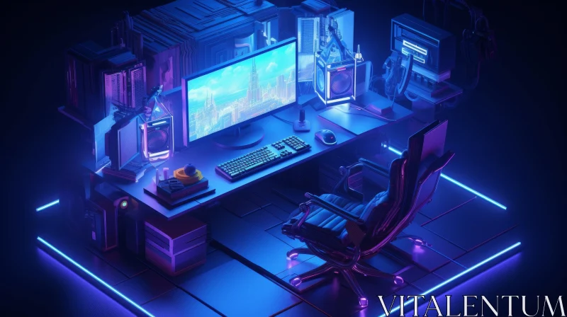 Futuristic 3D Gaming Room | Neon Lights | Computer Equipment AI Image