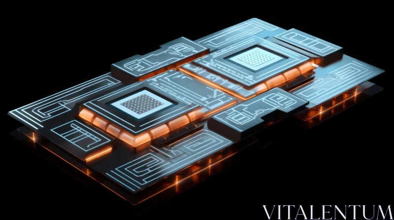 Glowing Orange and Blue 3D Computer Chip Illustration AI Image