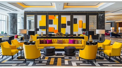 Luxurious Hotel Lobby with Contemporary Decor | Abstract Paintings