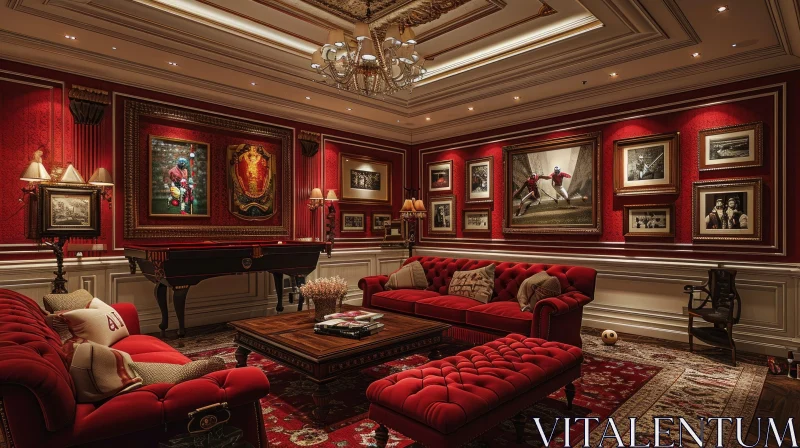 Luxurious Living Room with Red Walls | Opulent Interior Design AI Image