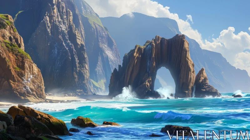 Majestic Rock Arch on Serene Beach | Captivating Coastal Beauty AI Image
