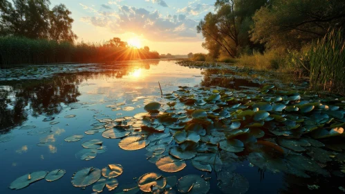 Serene Summer Landscape with River, Trees, and Water Lilies