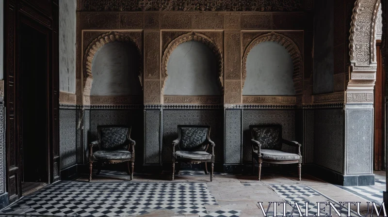 Vintage Armchairs in a Room with Moorish-Style Architecture AI Image