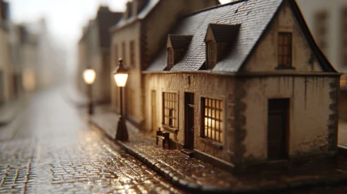 Close-up of a European Street with Cobblestones and Stone Buildings