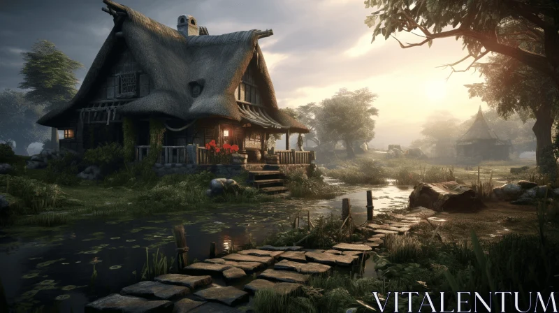 Enchanting Forest Cottage: A Serene Riverside Setting AI Image