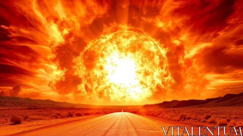 Post-Apocalyptic Landscape with Bright Orange Explosion AI Image
