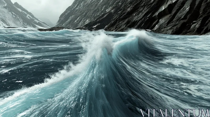 The Mighty Clash of Nature: A Powerful Wave Crashing Against a Rocky Cliff AI Image