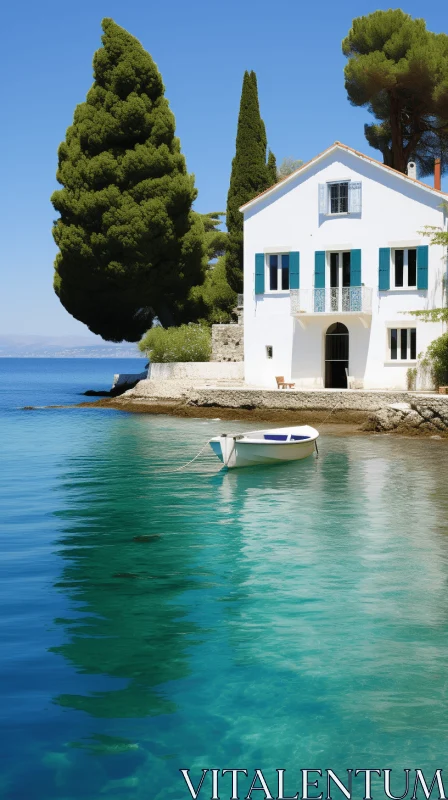 Tranquil Boat on Calm Waters - A Mediterranean-Inspired Artwork AI Image