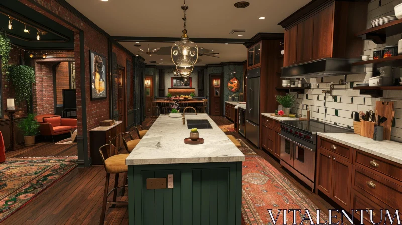 AI ART Elegant Dark Wood Kitchen with Green Cabinets and White Marble Island