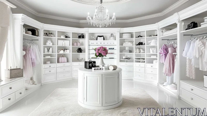 Elegant White Walk-in Closet with Crystal Chandelier AI Image