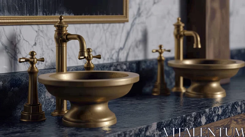 AI ART Luxurious Vintage Golden Metal Washbasins on Dark Marble Countertop