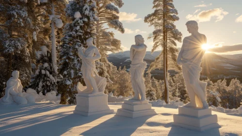 Serene Winter Landscape with Greek God Statues