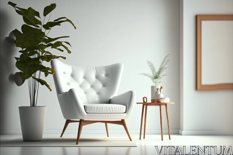 White Leather Chair in Small Room with Plant - Art Deco & Midcentury Modern AI Image
