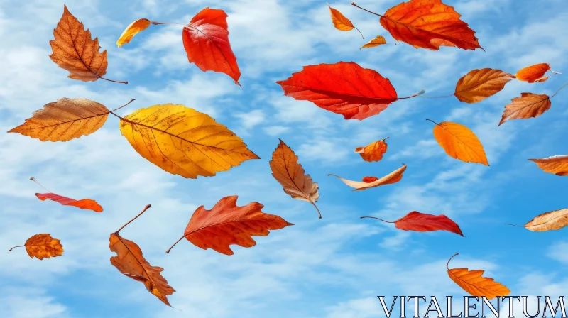 Autumn Leaves Falling Against Blue Sky - Vibrant Colors AI Image