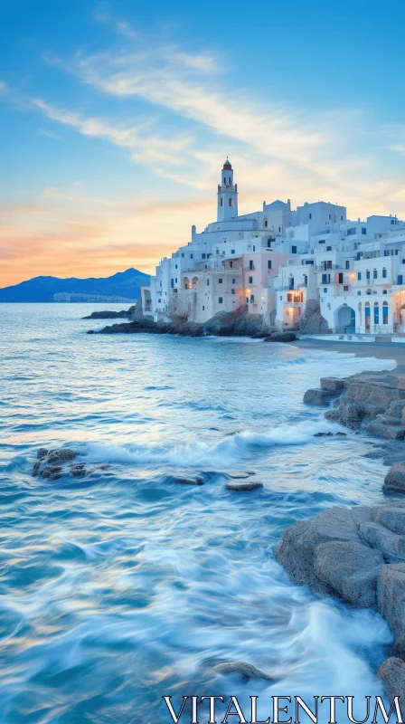 Breathtaking Sunset in the Aegean Sea: A Romantic White Town AI Image