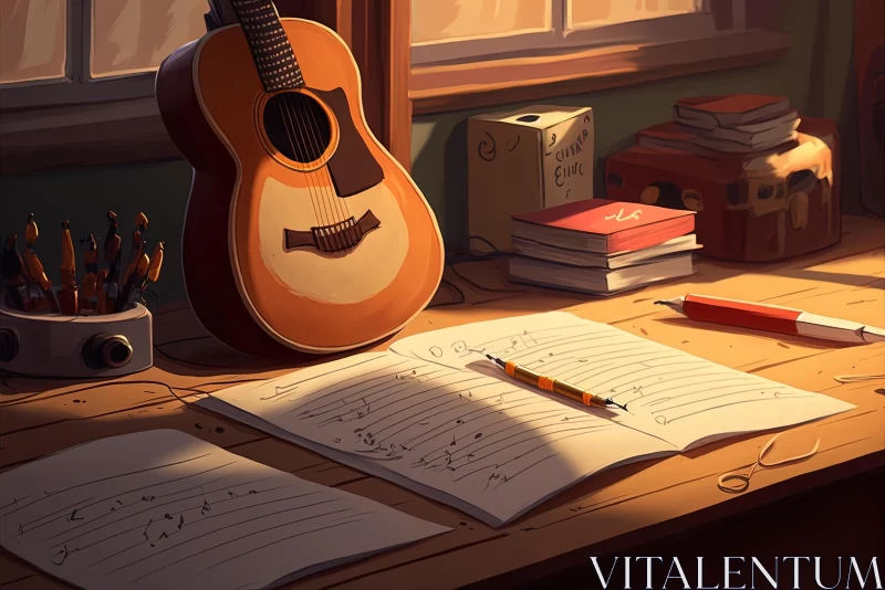 Captivating Illustration: Acoustic Guitar on a Desk AI Image