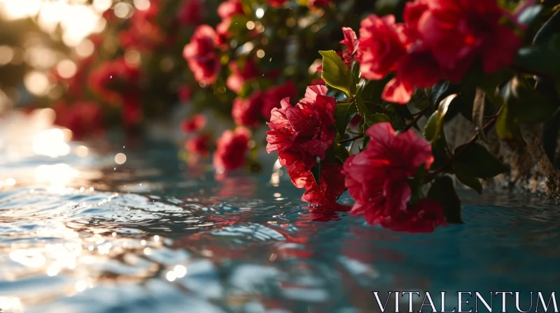 Close-Up of Beautiful Bell-Shaped Red Flowers Hanging Over Water AI Image
