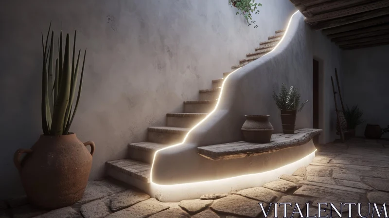 AI ART Curved Stone Staircase with Glowing White Line | 3D Rendering