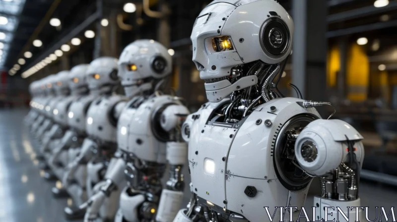 AI ART Enigmatic Row of Humanoid Robots in a Factory Setting