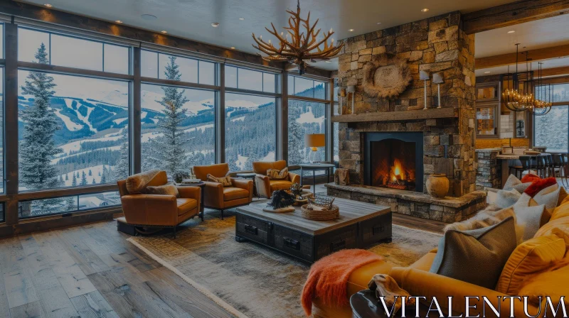 Rustic Living Room with Snow-Capped Mountain View | Cozy Interior AI Image
