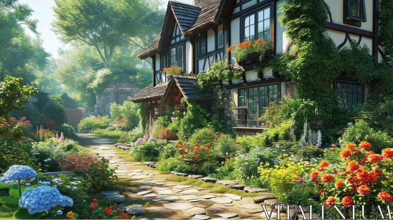 Serene Stone Cottage in Lush Garden AI Image