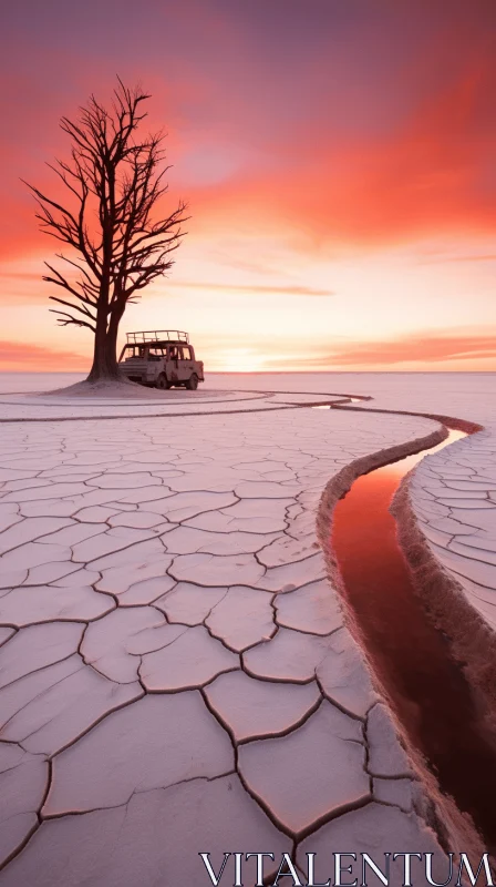 Surreal Salt Desert Landscape with an Old Car - Dreamlike Fantasy AI Image