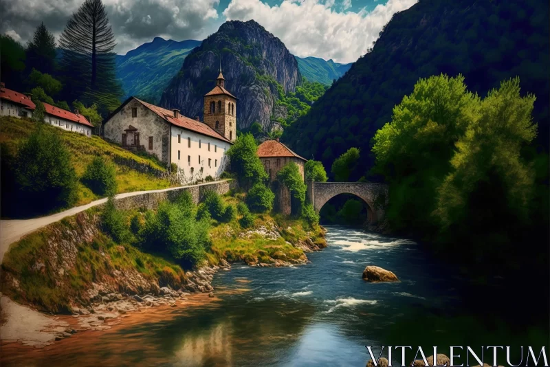 Captivating Countryside Artwork with a Church and River AI Image