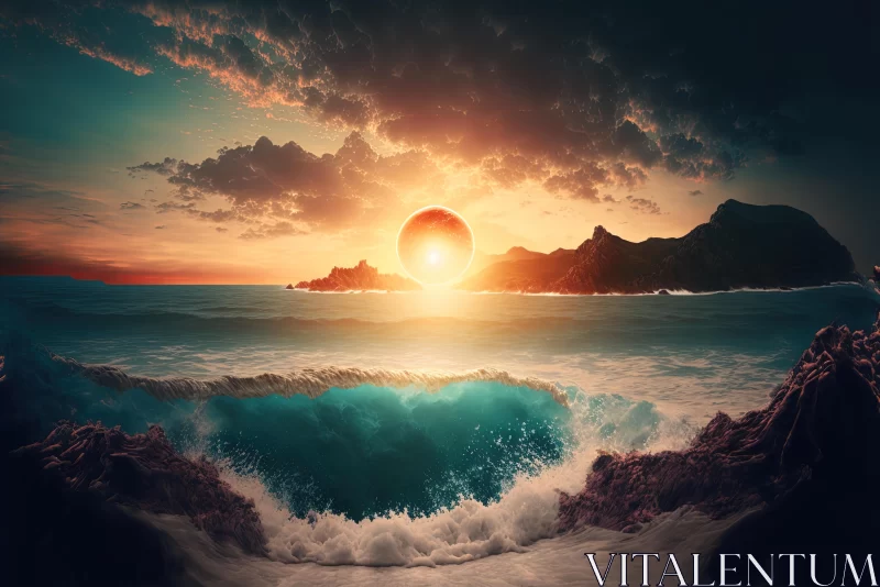 Captivating Ocean Waves and Mountain Sunset: Photorealistic Fantasy Art AI Image