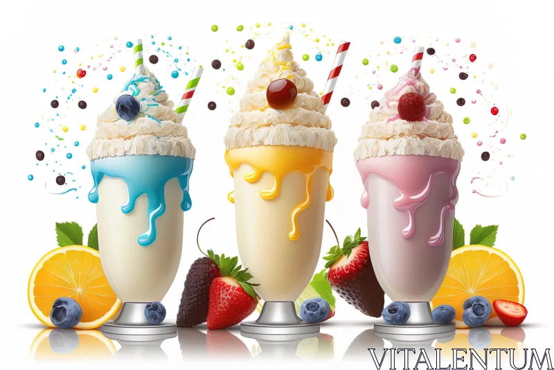 Colorful Ice Cream Milkshakes with Fruit: Highly Detailed Figures AI Image