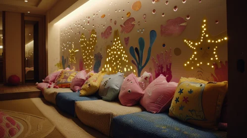 Cozy and Inviting Children's Playroom with Whimsical Sea Creature Mural