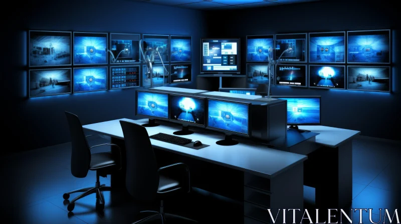 Futuristic Control Room with Screens and Blue Light AI Image