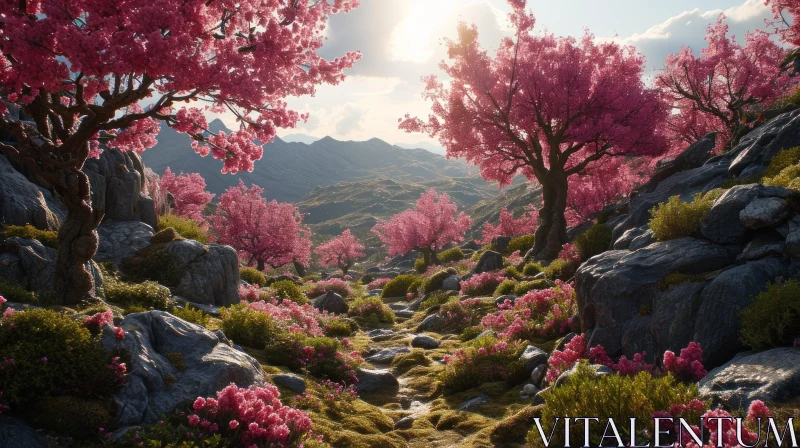 Serene Landscape: Valley with River and Cherry Blossom Trees AI Image