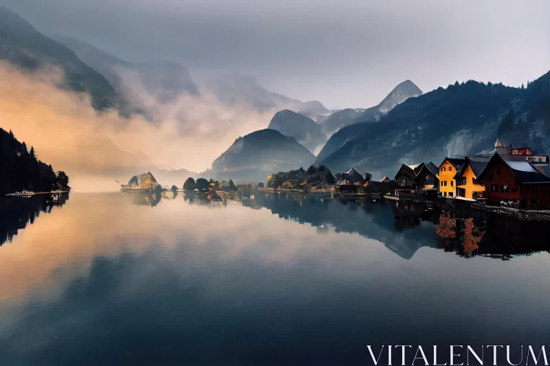 Tranquil Village Reflecting in Calm Waters | Norwegian Nature AI Image